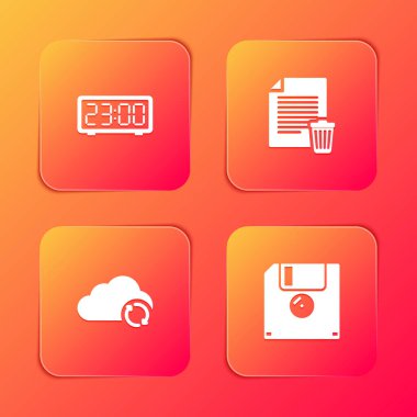 Dijital alarm saatini, dosya belgesini, Bulut eşzamanlamasını ve Disket simgesini ayarla. Vektör.