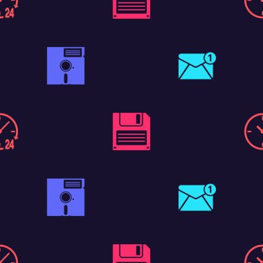 Yeni gelen iletiyi ayarla, Disket 'i 5.25 inçlik, ve Saati 24 saat boyunca pürüzsüz şekilde ayarla. Vektör.