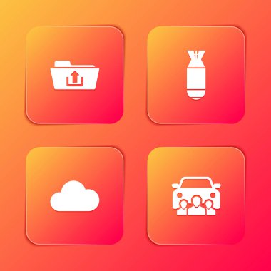 Dizin yüklemesini, havacılık bombasını, müzik yayınlama servisini ve araba paylaşım simgesini ayarla. Vektör.