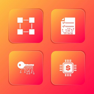 Blockchain teknolojisi, Akıllı sözleşme, Kripto para birimi anahtarı ve dolar simgesi olan işlemci çipi ayarla. Vektör.