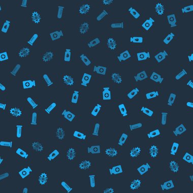 Gen düzenleme, ilaç şişesi, ampul, ilaç şişesi ve tüp veya matarayı pürüzsüz desen üzerine ayarla. Vektör.