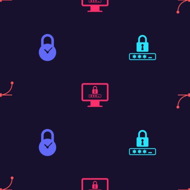 Parola korumasını ayarla, saat ile asma kilit, Monitör parolası ve Bezier eğrisini kusursuz desen üzerine ayarla. Vektör.