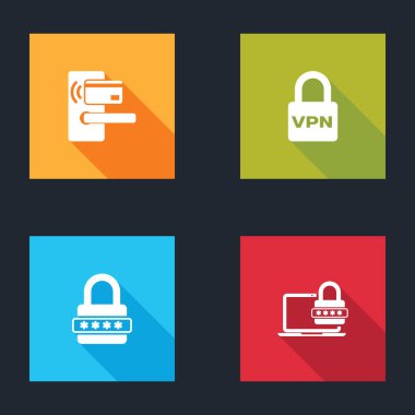 Dijital kapı kilidini kablosuz, VPN kilidi, şifre koruması ve dizüstü bilgisayar şifre simgesiyle ayarla. Vektör.