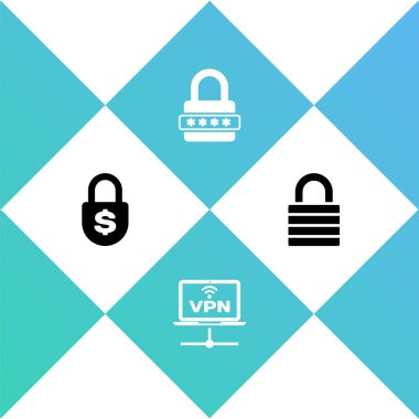 Para kilidini, VPN Bilgisayar ağını, Parola korumasını ve Kilit simgesini ayarla. Vektör.