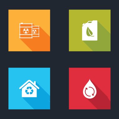 Radyoaktif atığı varile, biyoyakıt kutusuna, geri dönüşümlü Eco House 'a ve temiz su ikonuna koy. Vektör.