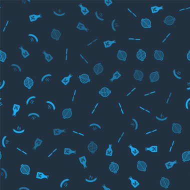 Ketçap şişesi, barbekü bıçağı, ızgara ve sosisi pürüzsüz desene ayarlayın. Vektör.