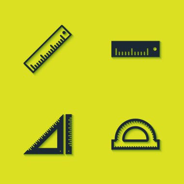 Cetvel, açıölçer ızgarası, üçgen cetvel ve simge ayarla. Vektör.