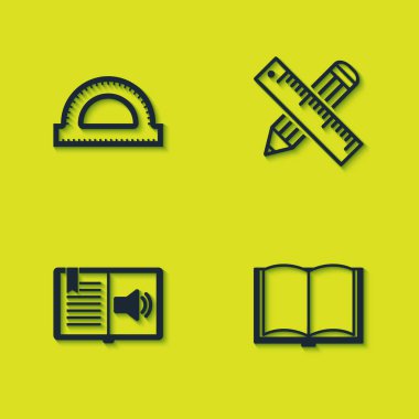 Protektör ızgarası, Açık Kitap, Ses ve Çapraz cetvel ve kalem simgesini ayarla. Vektör.