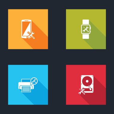 Smartphone servisini, Smartwatch, Printer ve Hard disk disk simgesini ayarla. Vektör.