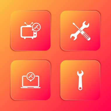 TV servisini ayarla, çapraz tornavida ve anahtar, dizüstü bilgisayar ve kırbaç simgesi. Vektör.