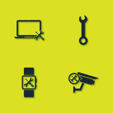Laptop servisini, güvenlik kamerasını, Smartwatch ve Wrench simgesini ayarla. Vektör.
