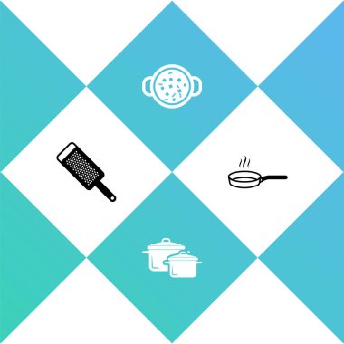 Grater 'ı, tencereyi, çorbayı ve tavayı hazırla. Vektör.