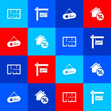 Ev planını hazırla, Satılık ve percant simgesi olarak Satıldı tabelasını as. Vektör.