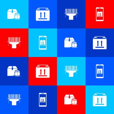 Kargo gemisini kutularla, karton trafiği, tarayıcı tarama barkodu ve mobil uygulama izleme simgesiyle ayarlayın. Vektör.