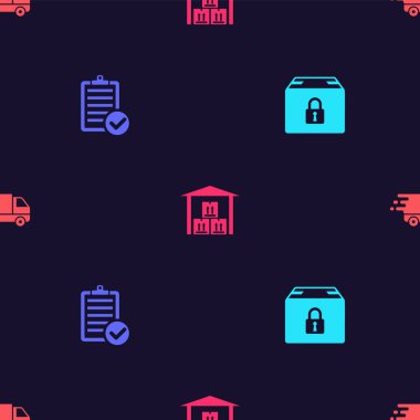 Kilitli paket, teslimat listesinin doğrulanması, Depo ve Teslimat kamyonunun kusursuz bir şekilde hareket etmesi. Vektör.