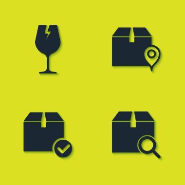 Kırık camları, arama paketini, işaretli paket kutusunu ve konum karton simgesini ayarla. Vektör.