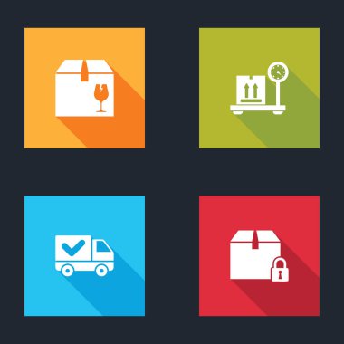 Hassas içerikli teslimat kutusunu ayarla, karton ölçekli, kamyon kontrol işareti ve kilitli paket simgesi. Vektör.