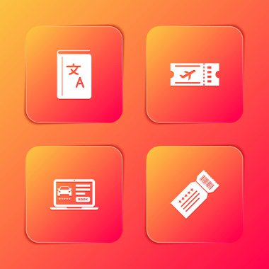 Çevirmen kitabı, uçak bileti, çevrimiçi araba paylaşımı ve bilet simgesi ayarla. Vektör.