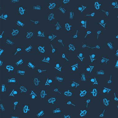 Baş feneri, bayrağı olan turist çadırı, yanan kibrit ateşi ve pürüzsüz desenli el fenerini ayarlayın. Vektör.