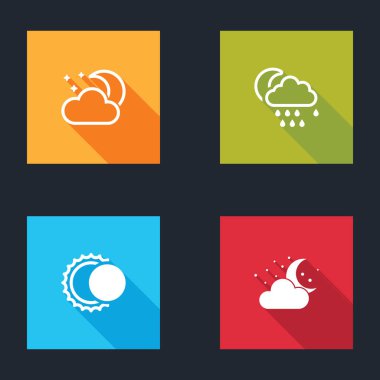 Bulut 'u ay ve yıldızlarla, yağmurla, güneş tutulmasıyla ve ikonla ayarla. Vektör.