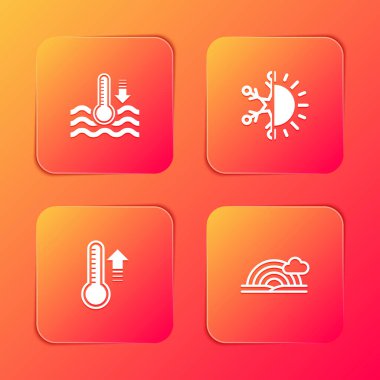 Su termometresi, Güneş ve Kar Tanesi, Meteoroloji ve Gökkuşağı 'nı bulut simgesiyle ayarla. Vektör.