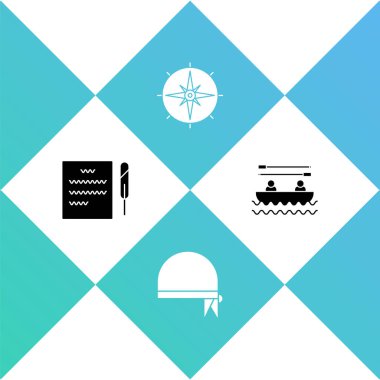 Tüy kalem ve kaydırma ayarlayın, Korsan bandanası kafa için, Rüzgar gül ve kürek ikonu ile tekne. Vektör.