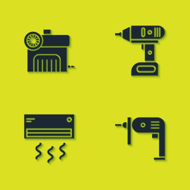 Hava kompresörünü, elektrikli matkap makinesini, saç kremini ve kablosuz tornavida simgesini ayarla. Vektör.