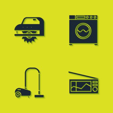 Elektrikli testere, radyo, elektrikli süpürge ve çamaşır ikonu ayarla. Vektör.