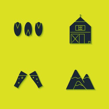 Çam fıstığı, dağ, bir bardak bira ve çiftlik evi ikonu. Vektör.