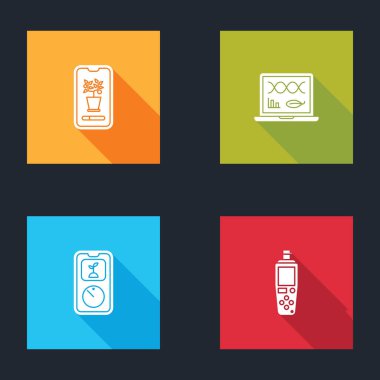 Akıllı kontrol tarım sistemini, genetik mühendislik modifikasyonunu, teknolojiyi ve taşınabilir sensör simgesini ayarla. Vektör.