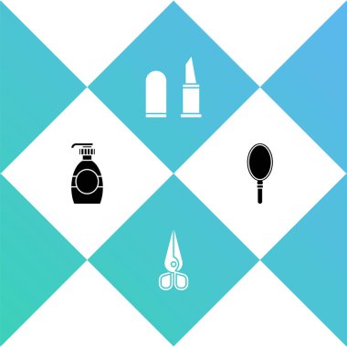 Bir şişe sıvı sabun, makas, ruj ve el aynası ikonu. Vektör.