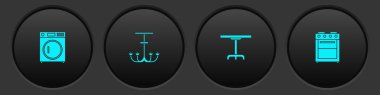 Çamaşır makinesi, avize, yuvarlak masa ve fırın ikonu. Vektör.
