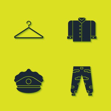 Askı gardırobu, kamuflaj kargo pantolonu, papağan ve tişört ikonlu polis şapkası. Vektör.