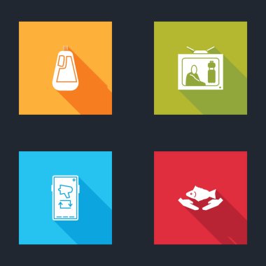 Bulaşık deterjanı için şişe hazırla, plastik kirliliği durdur, megafon mobil ve balık bakım ikonu. Vektör.