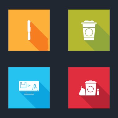 Tek kullanımlık plastik bıçak, kağıt bardak, kirliliği durdurun ve geri dönüşüm ikonuyla geri dönüşüm kutusunu ayarlayın. Vektör.