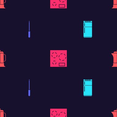 Buzdolabı, bıçak açacağı, elektrikli soba ve Fransız presini kusursuz desenlere ayarlayın. Vektör.