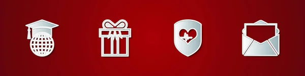 Установить Выпускной Колпачок Глобус Подарочный Бокс Щит Частота Сердечных Сокращений — стоковый вектор