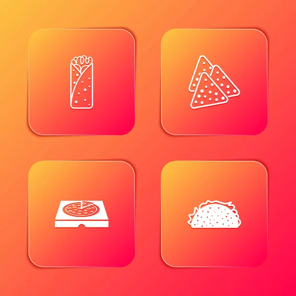 Set Burrito Nachos Pizza Karton Und Taco Mit Tortilla Symbol — Stockvektor