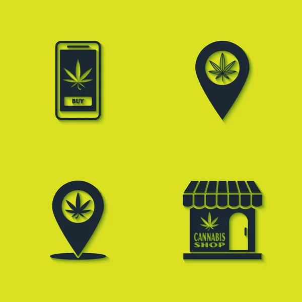 Set Online Esrar Marihuana Kenevir Dükkanı Konum Ikon Satın Alıyor — Stok Vektör