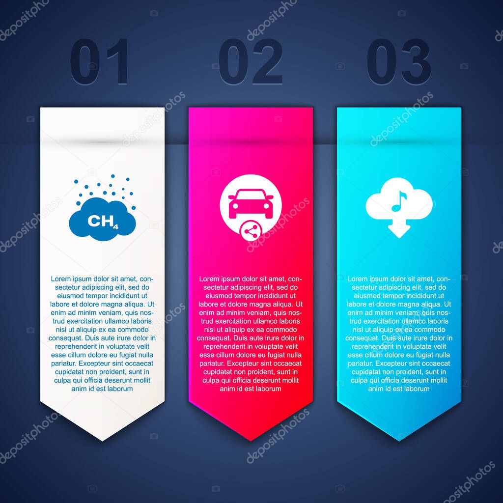 Set Methane emissions reduction, Car sharing and Cloud download music. Business infographic template. Vector.