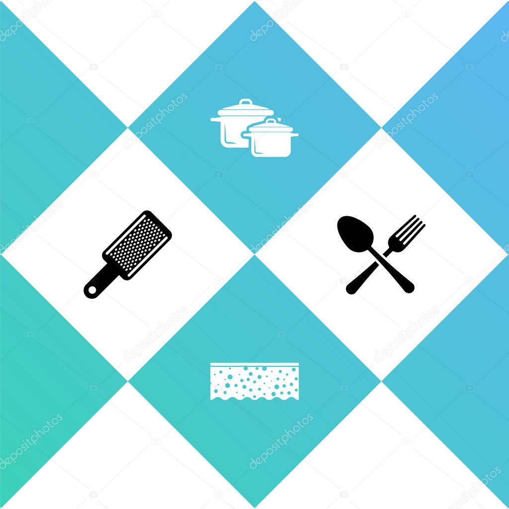 Set Grater, Sponge with bubbles, Cooking pot and Crossed fork and spoon icon. Vector.