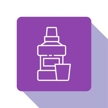 Beyaz çizgi ağız gargargarası plastik şişe ve beyaz arka planda izole edilmiş cam ikon. Ağzını çalkalamak için sıvı. Ağız bakım ekipmanları. Mor kare düğme. Vektör.