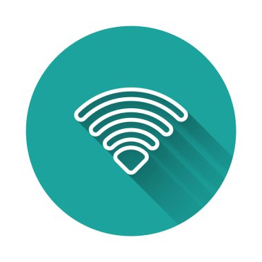 Beyaz çizgi Wi-Fi kablosuz internet ağı sembolü uzun gölge ile izole edilmiş. Yeşil daire düğmesi. Vektör.
