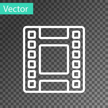Beyaz çizgi Play Video simgesi şeffaf arkaplanda izole edildi. Film şeridi tabelası. Vektör.