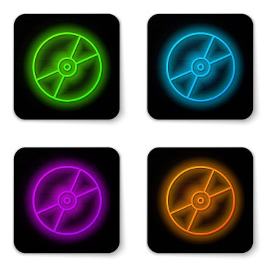 Parlayan neon çizgi CD veya DVD disk simgesi beyaz arkaplanda izole edildi. Küçük disk işareti. Siyah kare düğme. Vektör.