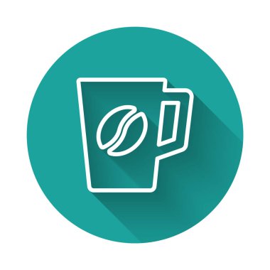 Beyaz çizgi kahve fincanı ikonu uzun gölgeli. Çay fincanı. Sıcak içecek kahvesi. Yeşil daire düğmesi. Vektör.