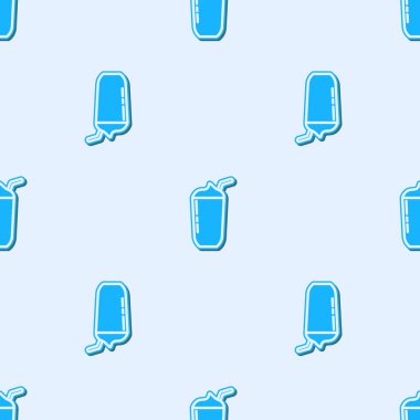 Mavi çizgi milkshake simgesi gri arkaplanda izole edilmiş pürüzsüz desen. Kapaklı ve samanlı plastik bardak. Vektör.