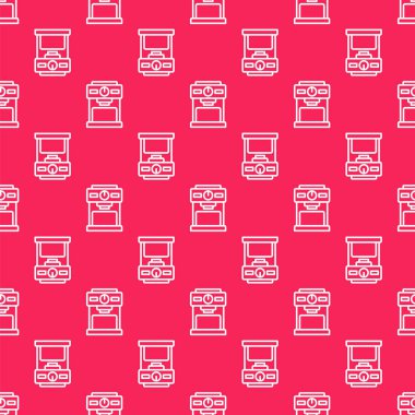 Beyaz çizgi kahve makinesi ikonu kırmızı arkaplanda pürüzsüz desen izole etti. Vektör.