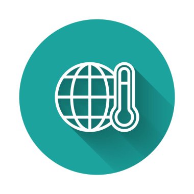 Küresel ısınma simgesine dönüşen beyaz çizgi Dünya uzun gölgeli izole edilmiş. Ekolojik problemler ve çözümler - termometre. Yeşil daire düğmesi. Vektör.