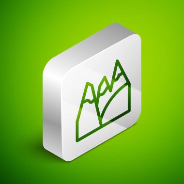 Isometric Line Dağları simgesi yeşil arkaplanda izole edildi. Zaferin ya da başarının sembolü. Gol başarısı. Gümüş kare düğme. Vektör.